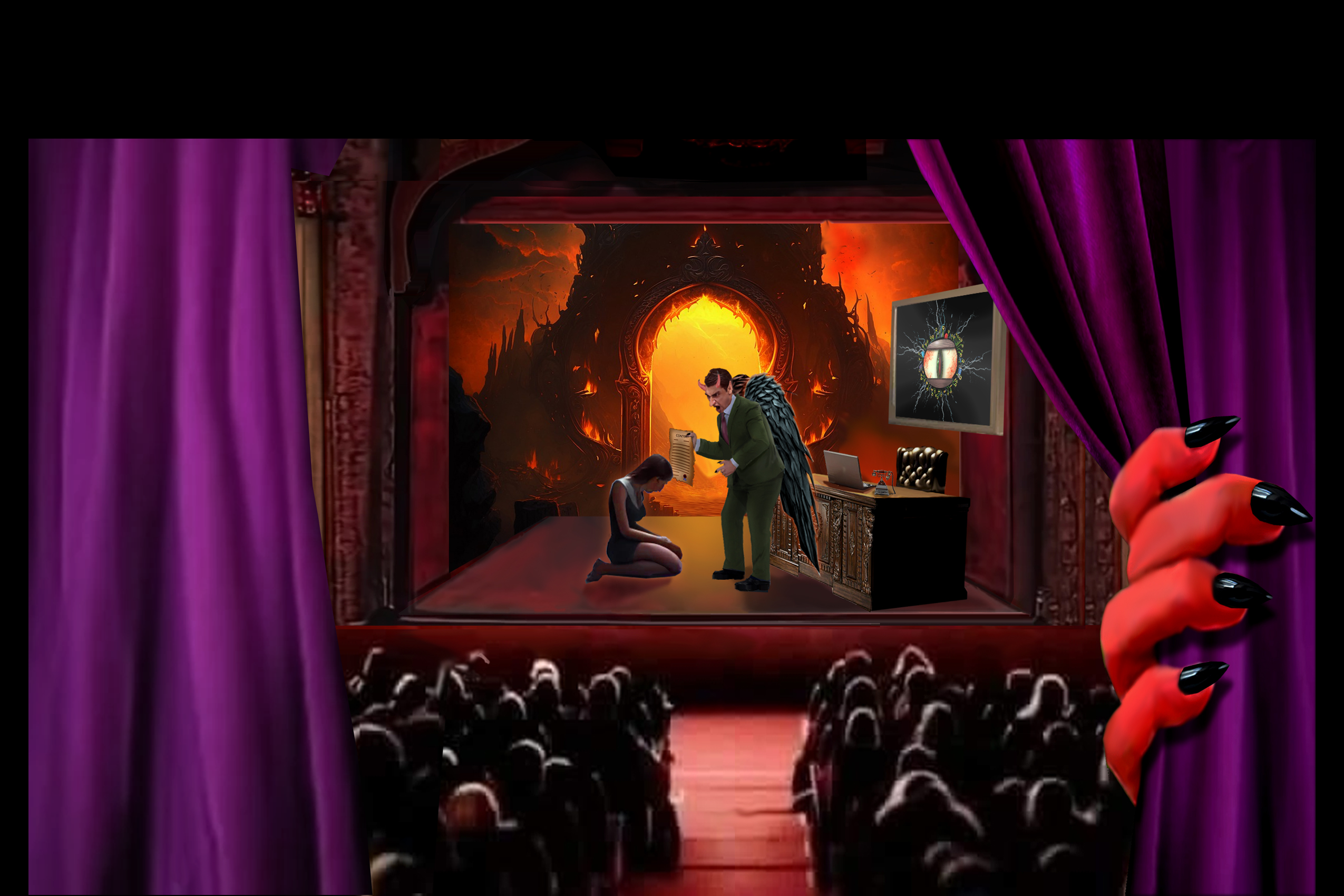Artistic rendering of a stage play, with the devil holding a contract as a woman kneels in front of his desk, while the crowd watches and a slightly creepy red hand pulls back the stage curtains